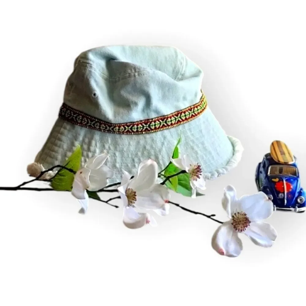 Light Blue Denim Bucket Hat Patterned Band Summer Fashion Hat